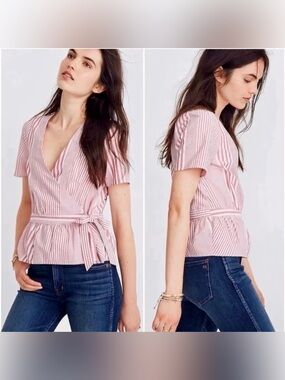 Madewell Pink Striped Wrap-Front Short Sleeve Blouse